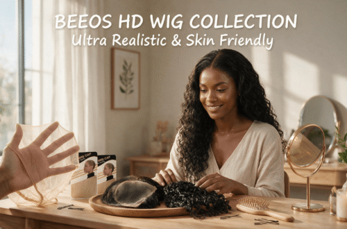 BEEOS Amazon store full wig accessories lifestyle promotional banner, HD ultra-thin wig cap, real human hair lace closure, invisible seamless hairline, water wave crochet hair extensions, warm cozy home hair salon natural daylight scene