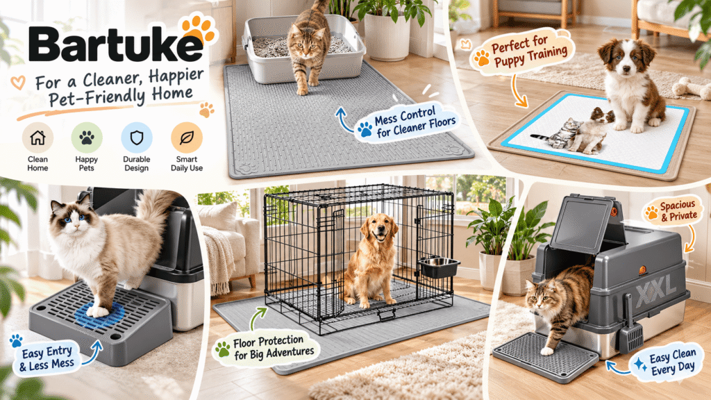 Bartuke pet care collection featuring silicone cat litter mats, puppy pee pad trays, litter box steps, dog crate mats, and stainless steel litter boxes in cozy home settings, highlighting cleaner floors and everyday pet comfort.