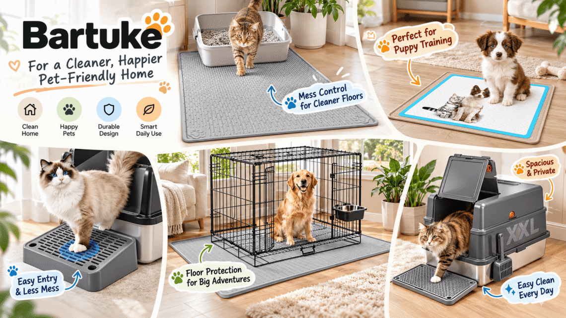 Bartuke pet care collection featuring silicone cat litter mats, puppy pee pad trays, litter box steps, dog crate mats, and stainless steel litter boxes in cozy home settings, highlighting cleaner floors and everyday pet comfort.