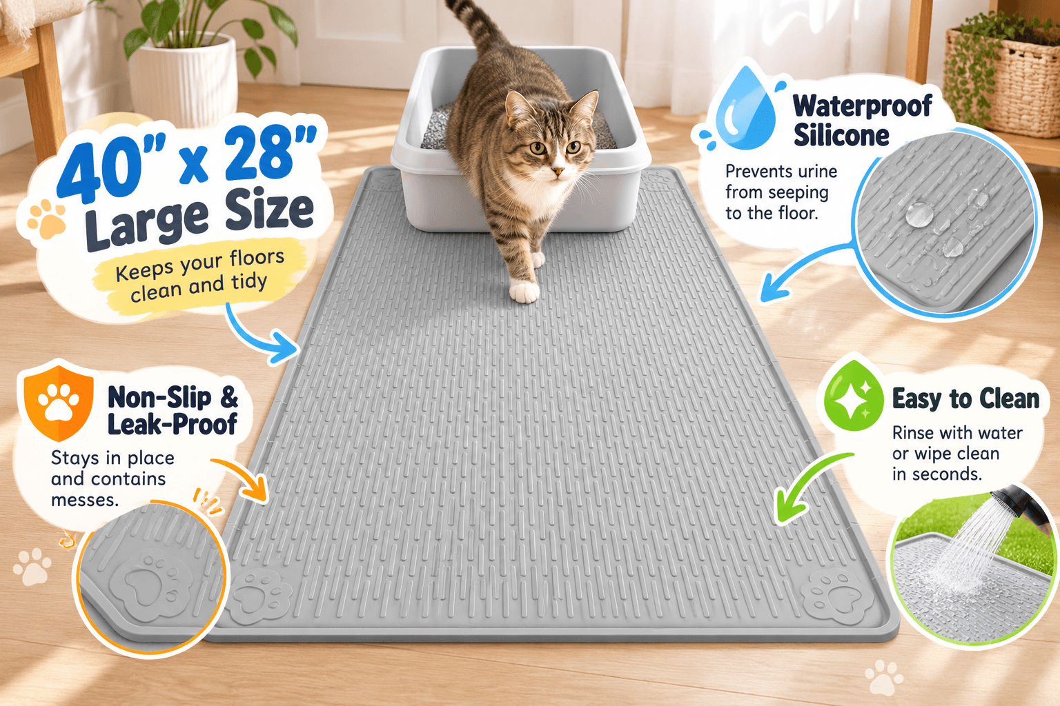 Bartuke 40 x 28-inch gray silicone cat litter mat beneath a litter box, featuring a non-slip textured surface, waterproof design, raised edges, and easy-clean material to help contain litter and protect floors.
