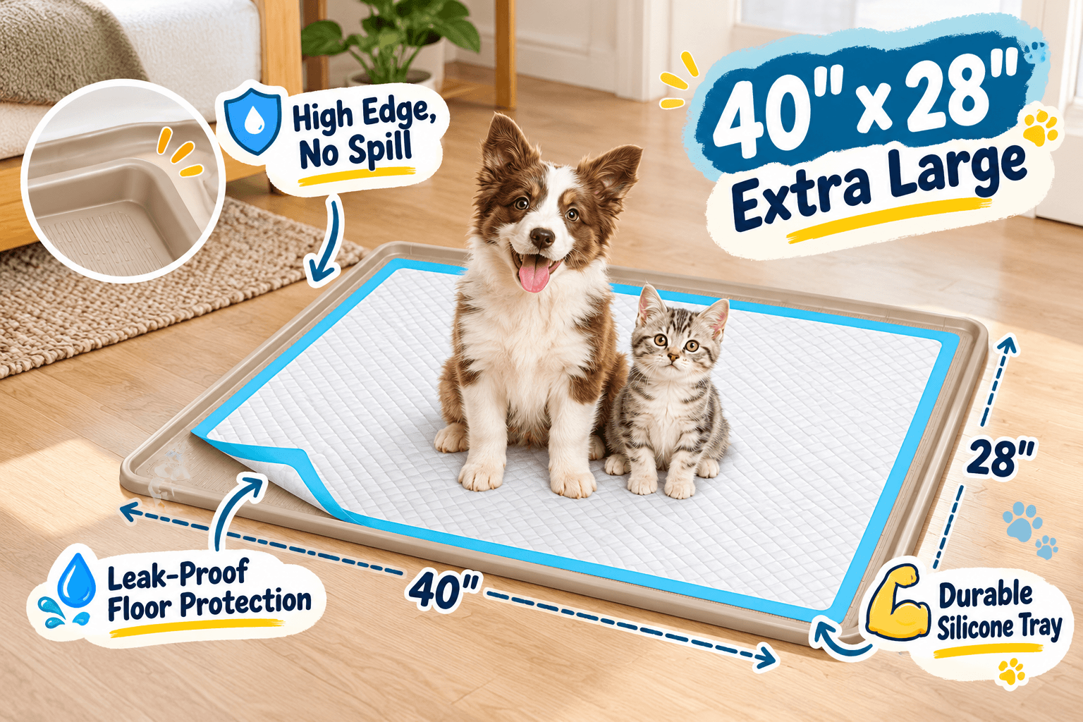 Bartuke 40 x 28-inch khaki silicone puppy pee pad holder with raised edges and a white training pad, displayed with a puppy and kitten in a cozy home, highlighting leak-resistant floor protection and durable design.