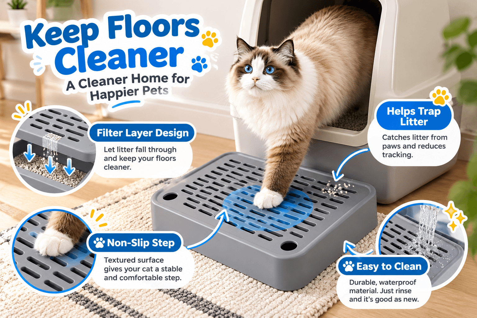 Bartuke gray cat litter box step with a perforated filtering surface, shown with a fluffy cat exiting its litter box. The non-slip step helps collect loose litter from paws, reduce tracking, and support easy cleaning.