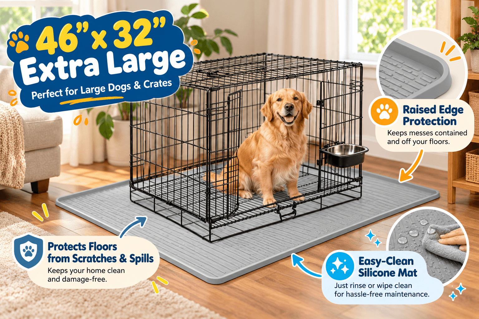 Bartuke 46 x 32-inch extra-large gray silicone dog crate mat beneath a wire crate with a Golden Retriever, featuring raised edges, floor protection against spills and scratches, and an easy-to-clean surface.