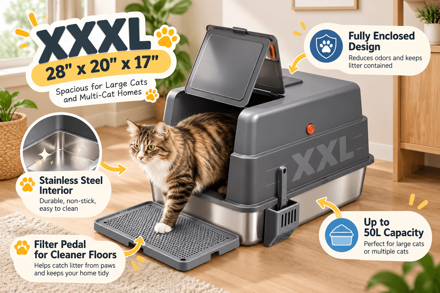 Bartuke XXXL 28 x 20 x 17-inch enclosed stainless steel cat litter box in dark gray, featuring a removable lid, spacious 50L capacity, stainless steel tray, and litter-filtering entrance step in a modern home.