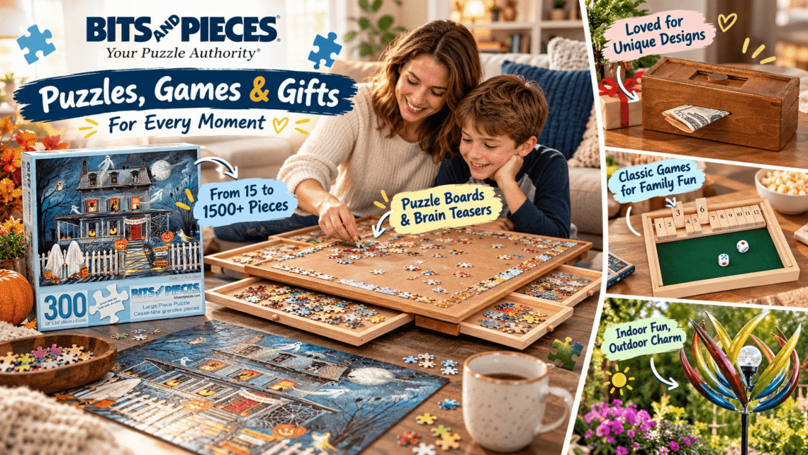 Bits and Pieces lifestyle collage featuring a wooden puzzle board, Halloween jigsaw puzzle, secret money box, Shut the Box game, and colorful garden wind spinner, highlighting family entertainment, creative gifts, and outdoor decor.