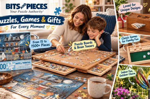 Bits and Pieces lifestyle collage featuring a wooden puzzle board, Halloween jigsaw puzzle, secret money box, Shut the Box game, and colorful garden wind spinner, highlighting family entertainment, creative gifts, and outdoor decor.