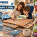 Bits and Pieces lifestyle collage featuring a wooden puzzle board, Halloween jigsaw puzzle, secret money box, Shut the Box game, and colorful garden wind spinner, highlighting family entertainment, creative gifts, and outdoor decor.