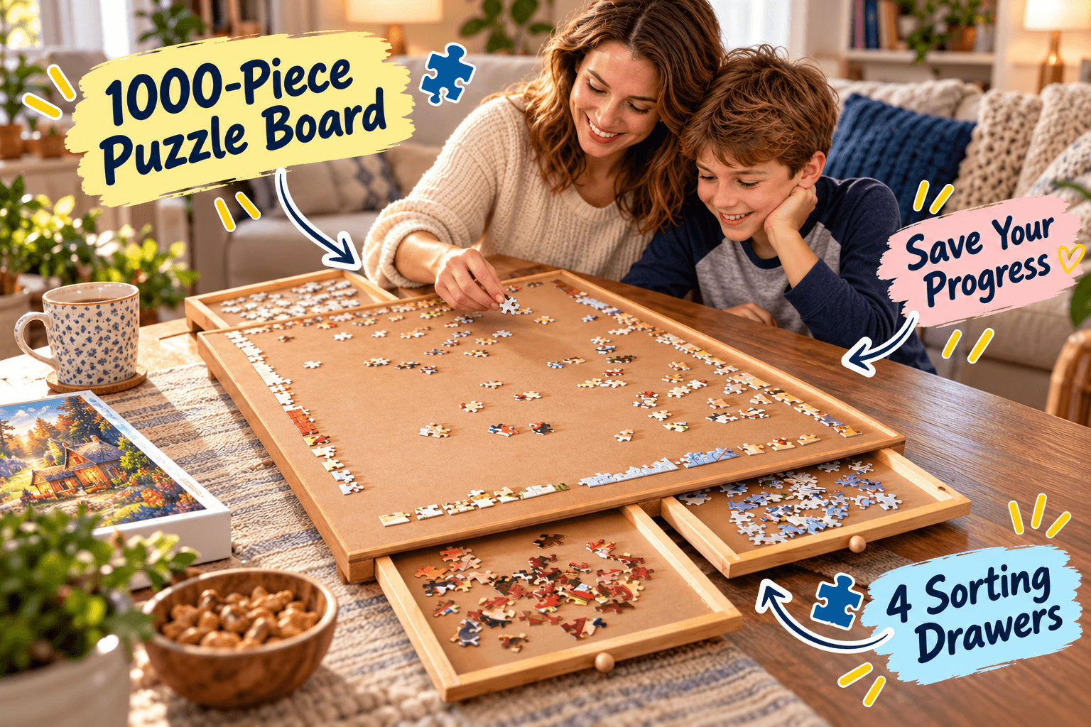Bits and Pieces 1000-piece wooden puzzle board with sorting drawers on a cozy living room table, where a mother and child enjoy assembling a jigsaw puzzle. Colorful annotations highlight organized piece storage and easy progress saving.