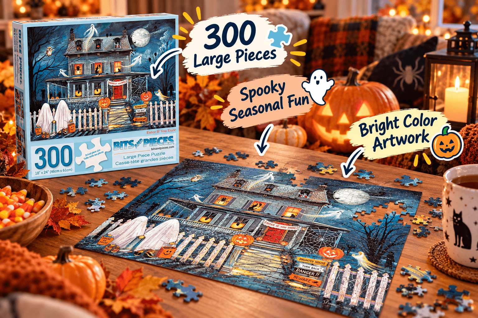 Bits and Pieces Enter If You Dare 300-piece Halloween jigsaw puzzle displayed on a cozy autumn table with pumpkins, candles, and seasonal decorations. The colorful haunted house artwork features ghosts, glowing windows, and spooky details.