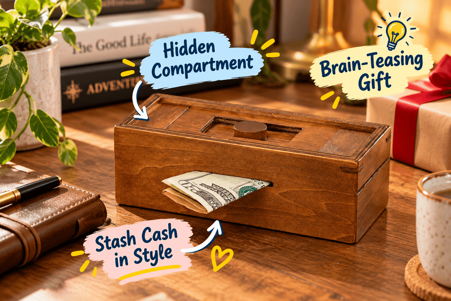 Bits and Pieces wooden secret money puzzle box with a single sliding knob and hidden compartment, displayed on a warm wooden desk with cash partially inserted. Playful annotations highlight its clever design and unique gift appeal.