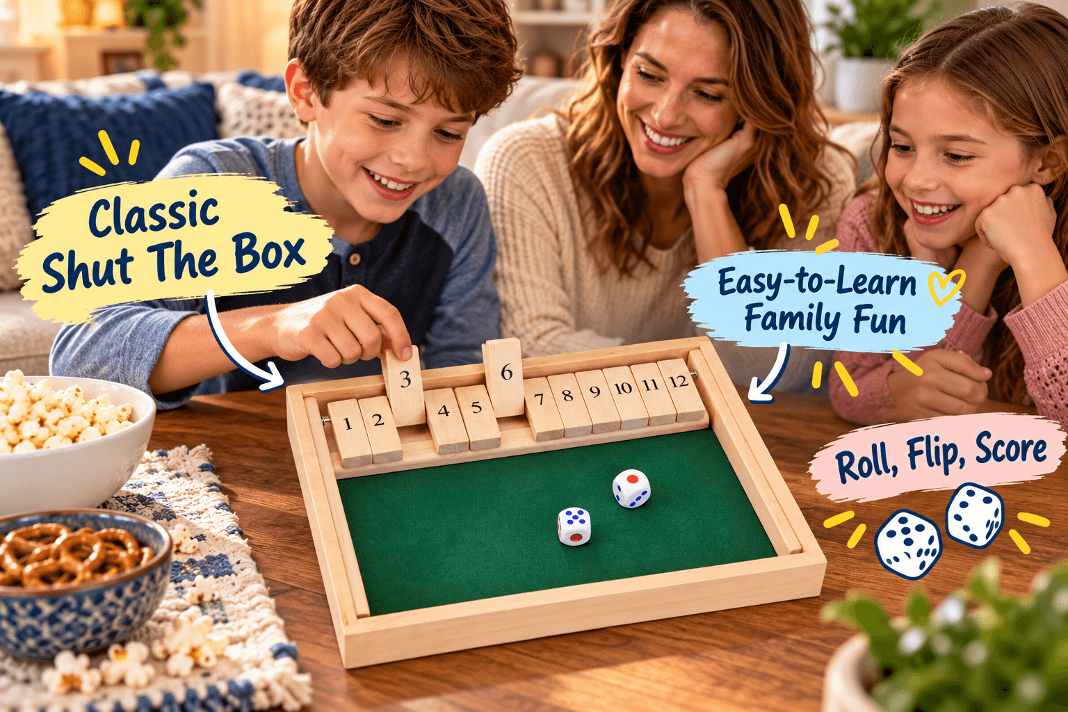 Bits and Pieces Shut the Box wooden dice game featuring numbered tiles, a green felt playing surface, and two dice. A smiling family enjoys game night at home, with playful annotations highlighting easy-to-learn tabletop fun.