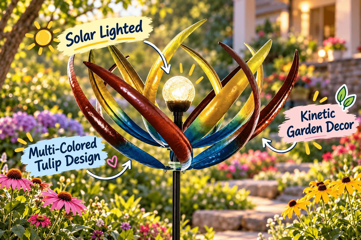 Bits and Pieces multicolored tulip metal wind spinner displayed in a vibrant flower garden, featuring curved metallic petals and a glowing solar-powered crackle glass globe. Colorful annotations highlight its kinetic design and outdoor charm.