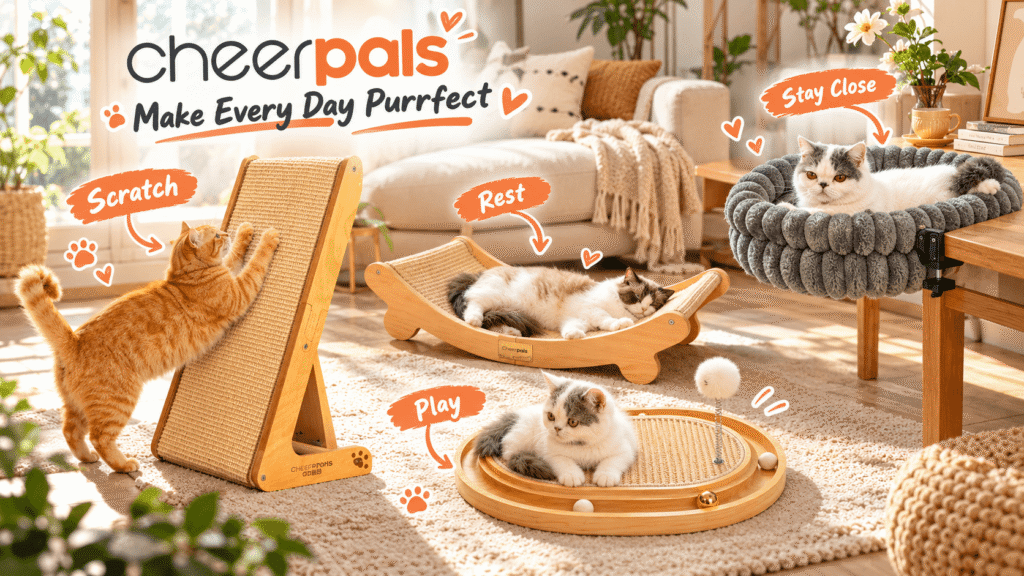 CHEERPALS cat furniture collection featuring a wooden cat scratcher, curved scratching lounge, interactive cat toy, and plush desk-mounted cat bed in a cozy, sunlit living room.