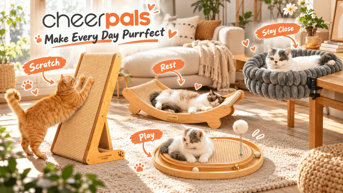 CHEERPALS cat furniture collection featuring a wooden cat scratcher, curved scratching lounge, interactive cat toy, and plush desk-mounted cat bed in a cozy, sunlit living room.
