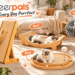 CHEERPALS cat furniture collection featuring a wooden cat scratcher, curved scratching lounge, interactive cat toy, and plush desk-mounted cat bed in a cozy, sunlit living room.