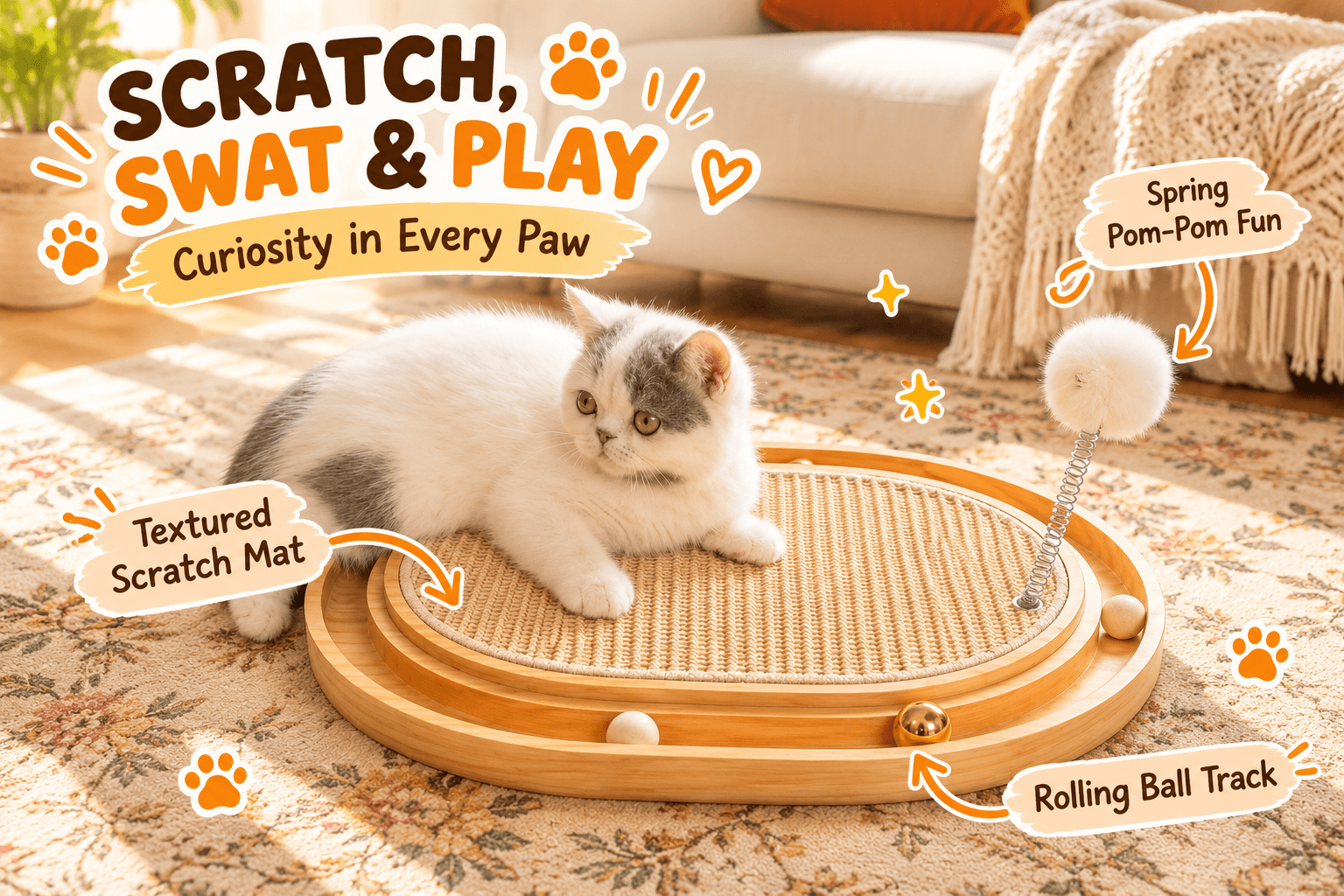 An orange tabby cat stretches and scratches a CHEERPALS angled wooden cat scratcher with a textured scratching surface in a sunny living room, featuring playful orange annotations.