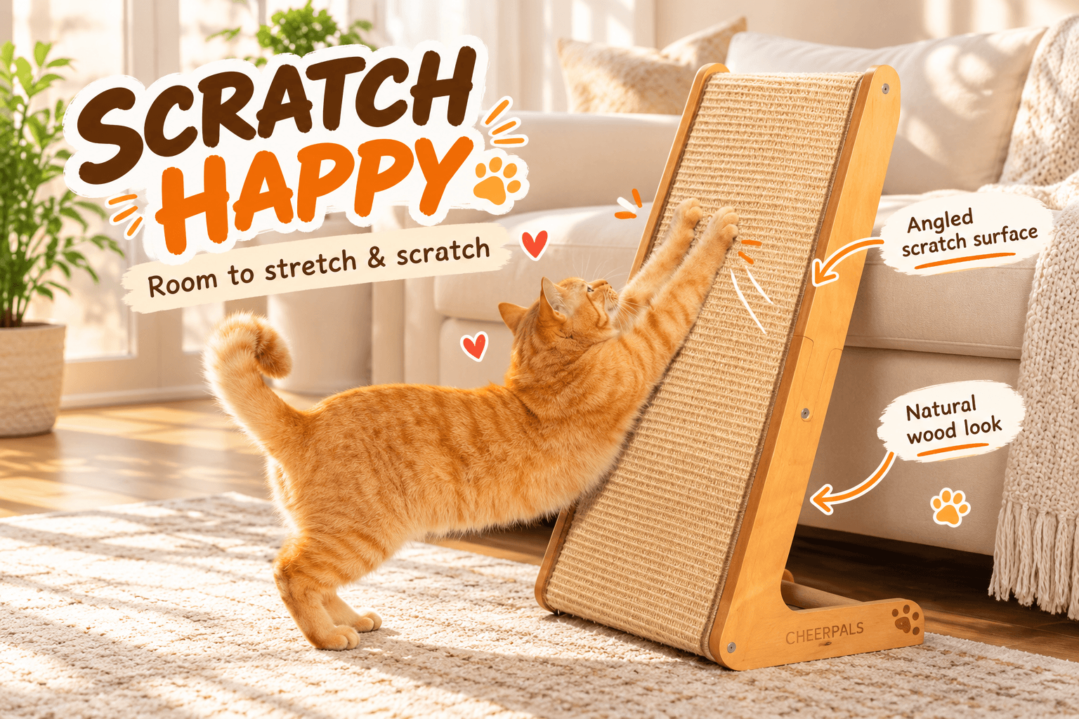 A fluffy cat relaxes on a CHEERPALS curved wooden cat scratching lounge with a woven textured surface, surrounded by warm sunlight and playful annotations highlighting scratching and resting.