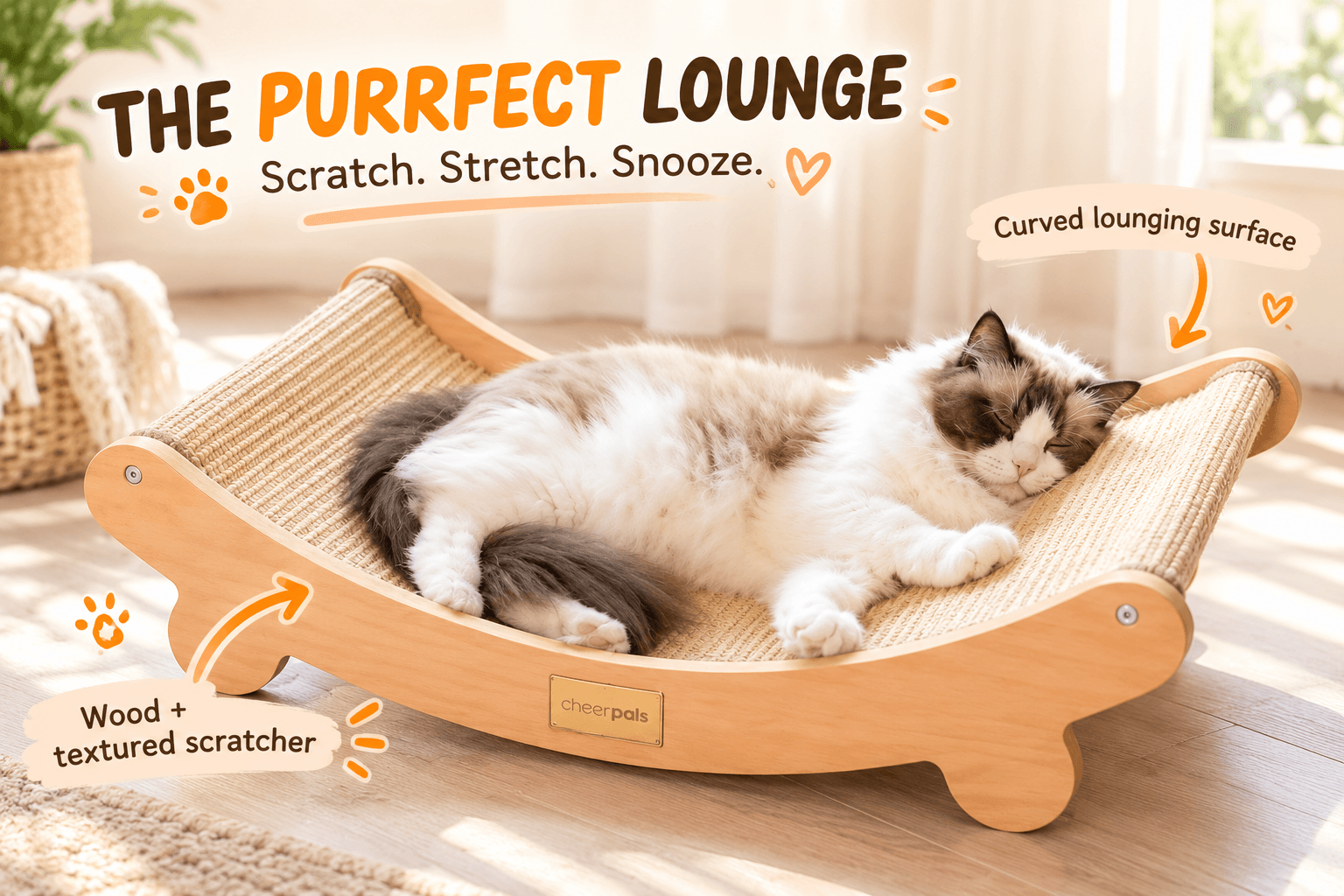 A fluffy kitten enjoys a CHEERPALS wooden interactive cat toy featuring a textured scratching mat, rolling ball track, and spring-mounted pom-pom, displayed in a cozy living room.