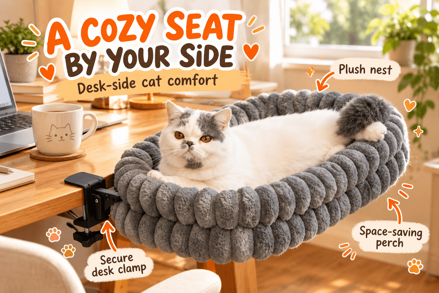 A white-and-gray cat rests in a CHEERPALS gray plush desk-mounted cat bed, securely attached to a wooden desk with a clamp, featuring a cozy home office and playful English annotations.