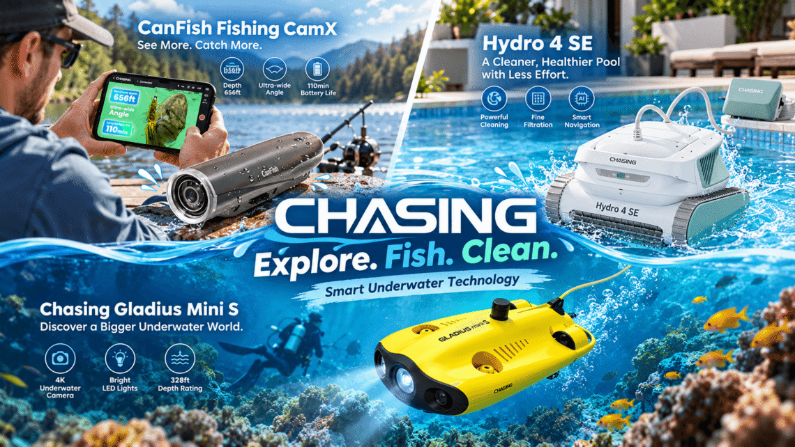CHASING promotional banner featuring the CanFish Fishing CamX at a lake, Hydro 4 SE robotic pool cleaner in a backyard pool, and yellow Gladius Mini S underwater drone exploring a coral reef, with “Explore. Fish. Clean.” headline, feature icons, and playful water graphics.