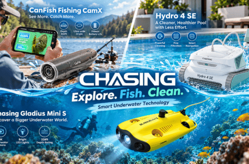 CHASING promotional banner featuring the CanFish Fishing CamX at a lake, Hydro 4 SE robotic pool cleaner in a backyard pool, and yellow Gladius Mini S underwater drone exploring a coral reef, with โExplore. Fish. Clean.โ headline, feature icons, and playful water graphics.