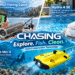 CHASING promotional banner featuring the CanFish Fishing CamX at a lake, Hydro 4 SE robotic pool cleaner in a backyard pool, and yellow Gladius Mini S underwater drone exploring a coral reef, with “Explore. Fish. Clean.” headline, feature icons, and playful water graphics.