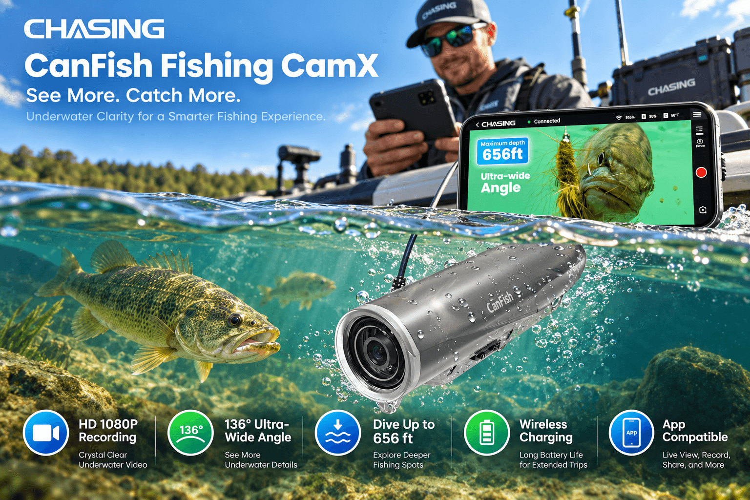CHASING CanFish Fishing CamX silver underwater fishing camera captures fish beneath a lake while an angler uses a smartphone nearby. Promotional graphics highlight 1080P recording, 136ยฐ ultra-wide angle, 656ft depth rating, wireless charging, and app compatibility.