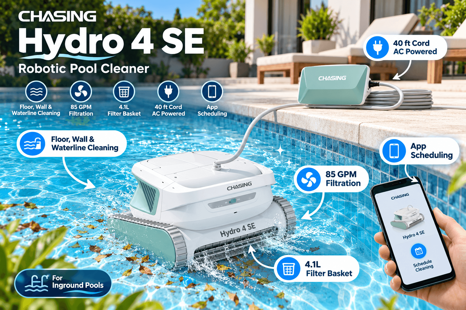 CHASING Hydro 4 SE white and mint robotic pool cleaner operates in a sunny backyard pool, connected to a poolside control unit. English callouts and illustrated icons highlight floor, wall and waterline cleaning, 85 GPM filtration, 4.1L filter basket, 40ft power cord, and app scheduling.