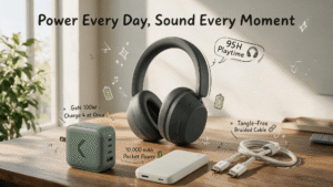 EN: Clemm lifestyle blog header showing a bright home-office desk with the dark gray Clemm Preset wireless over-ear headphones worn by a person, alongside the sage green Core 100 GaN wall charger, off-white Source 10,000 mAh power bank, and light sage braided USB-C to USB-C Chain cable, with playful cartoon doodles and English callouts "Power Every Day, Sound Every Moment."