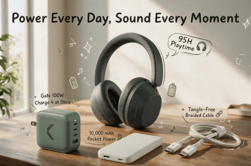 EN: Clemm lifestyle blog header showing a bright home-office desk with the dark gray Clemm Preset wireless over-ear headphones worn by a person, alongside the sage green Core 100 GaN wall charger, off-white Source 10,000 mAh power bank, and light sage braided USB-C to USB-C Chain cable, with playful cartoon doodles and English callouts "Power Every Day, Sound Every Moment."