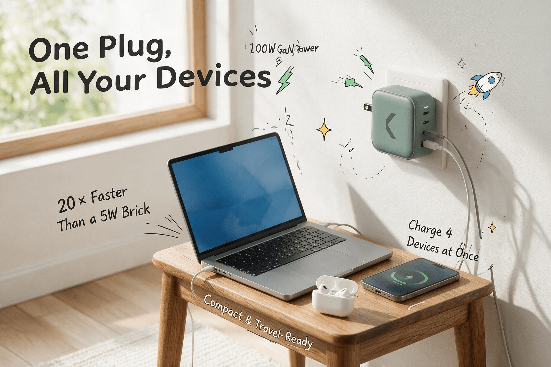 Sage green Clemm Core 100 GaN wall charger plugged into a white wall outlet, simultaneously charging a laptop, smartphone, and wireless earbuds; English callouts highlight 100W GaN power, charging 4 devices at once, 20× faster speed, and travel-ready compact size.
