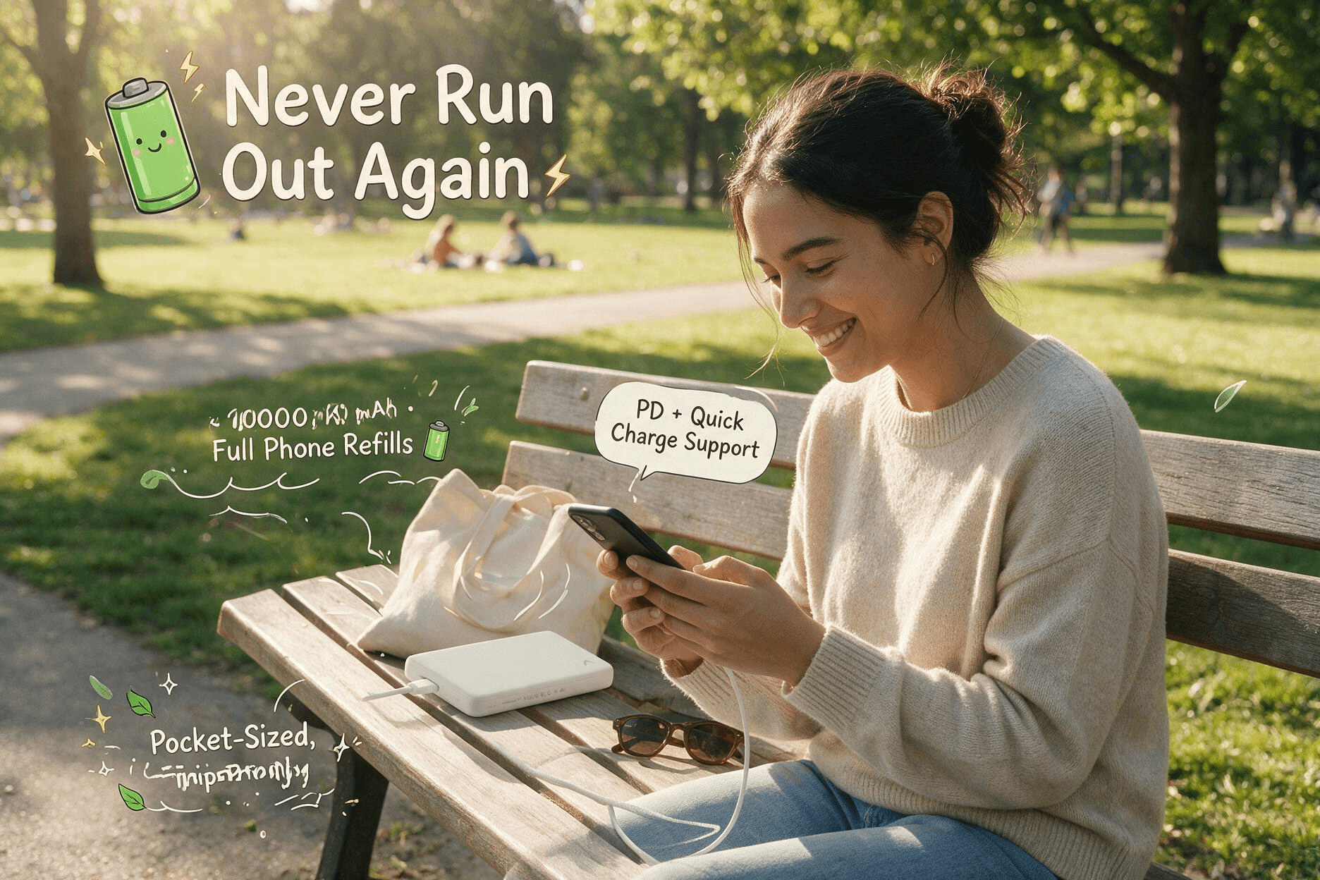 Off-white slim Clemm Source 10,000 mAh power bank resting on a park bench in golden-hour sunlight, charging a person's smartphone; English callouts highlight 10,000 mAh capacity, PD + Quick Charge support, simultaneous charge-and-recharge, and pocket-sized travel design.