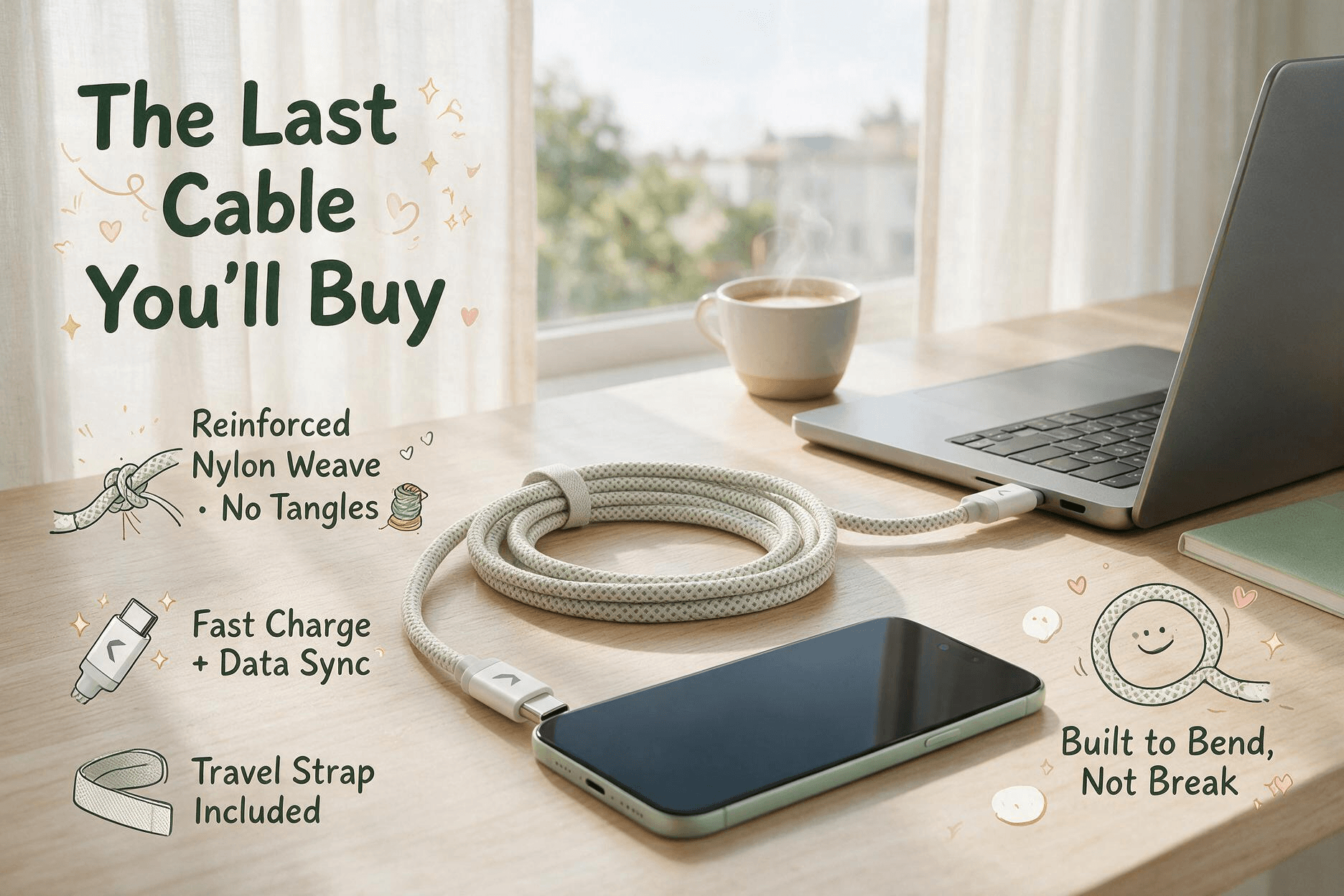 Light sage diamond-weave Clemm Chain USB-C to USB-C cable neatly coiled on a clean wooden desk with its woven strap, charging a smartphone and laptop; English callouts highlight reinforced nylon weave, fast charge + data sync, included travel strap, and durable bend-resistant build.