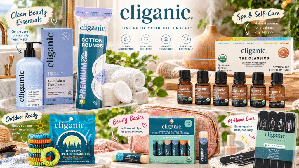 Cliganic clean beauty and wellness collection featuring cotton rounds, essential oils, mosquito repellent bracelets, organic lip balms, facial cleanser, and nail files in stylish everyday lifestyle settings with colorful illustrated annotations.