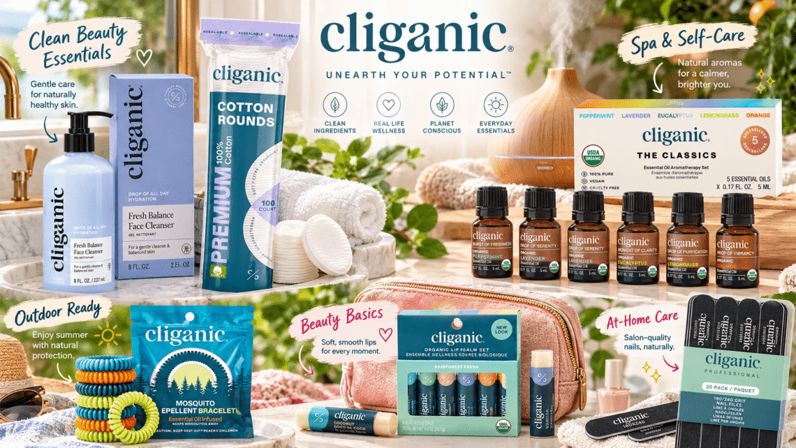 Cliganic clean beauty and wellness collection featuring cotton rounds, essential oils, mosquito repellent bracelets, organic lip balms, facial cleanser, and nail files in stylish everyday lifestyle settings with colorful illustrated annotations.