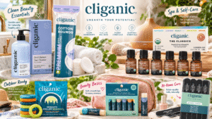 Cliganic clean beauty and wellness collection featuring cotton rounds, essential oils, mosquito repellent bracelets, organic lip balms, facial cleanser, and nail files in stylish everyday lifestyle settings with colorful illustrated annotations.