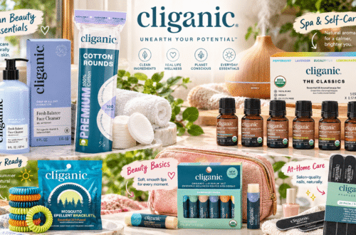 Cliganic clean beauty and wellness collection featuring cotton rounds, essential oils, mosquito repellent bracelets, organic lip balms, facial cleanser, and nail files in stylish everyday lifestyle settings with colorful illustrated annotations.