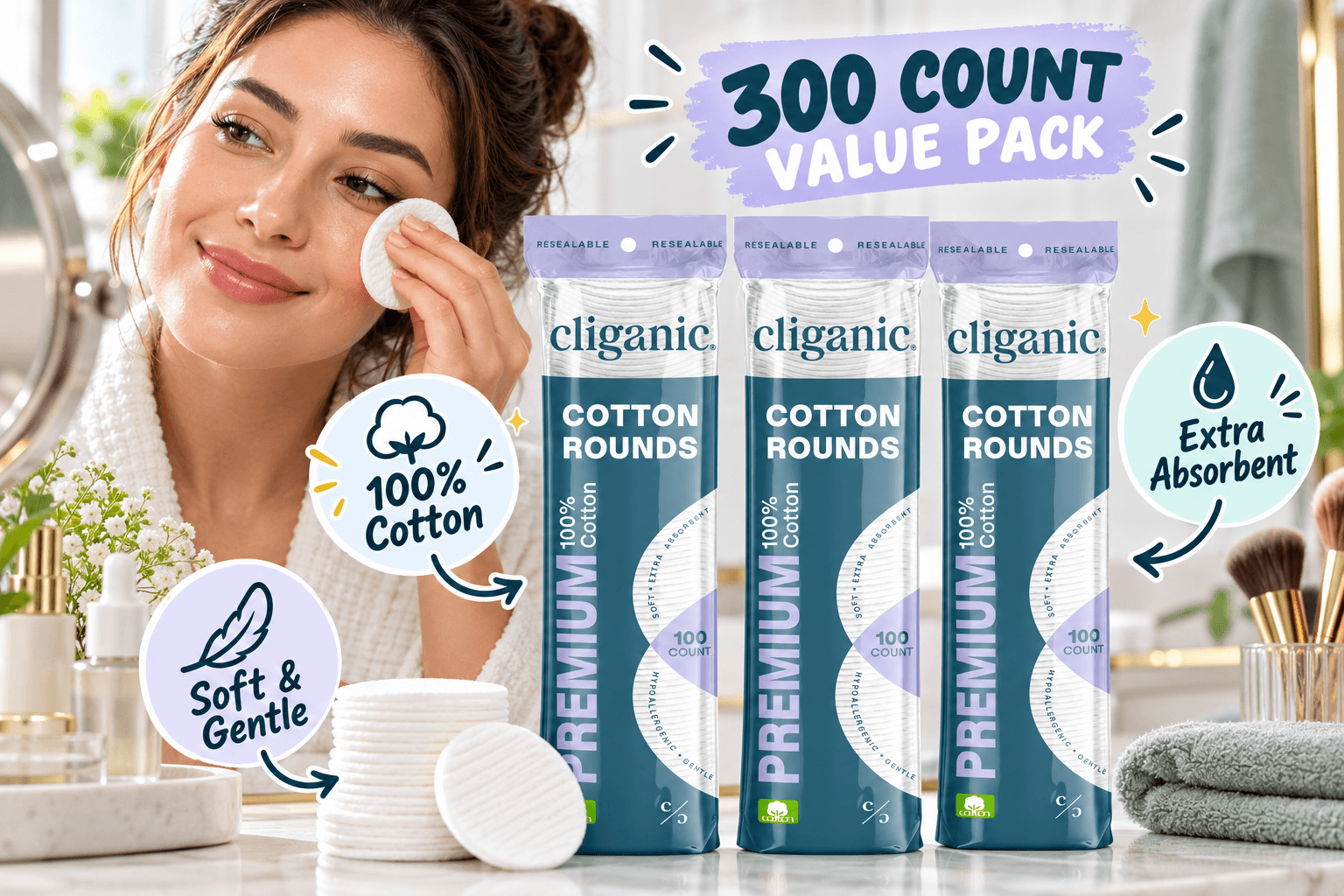 Cliganic Premium Cotton Rounds 300-count value pack featuring three resealable packages of 100% cotton pads. A woman gently wipes her face with a cotton round in a bright bathroom, alongside illustrated highlights for softness and absorbency.