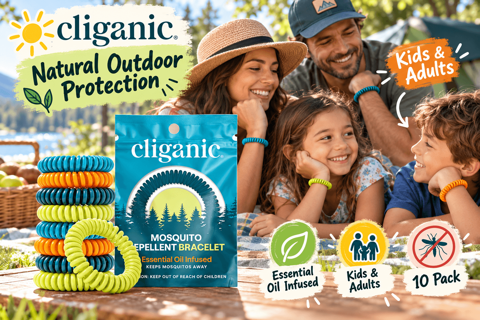 Cliganic essential oil-infused mosquito repellent bracelets in colorful blue, orange, and green coils, displayed beside the original packaging. A smiling family wears the bracelets during an outdoor picnic, with playful nature-inspired annotations.