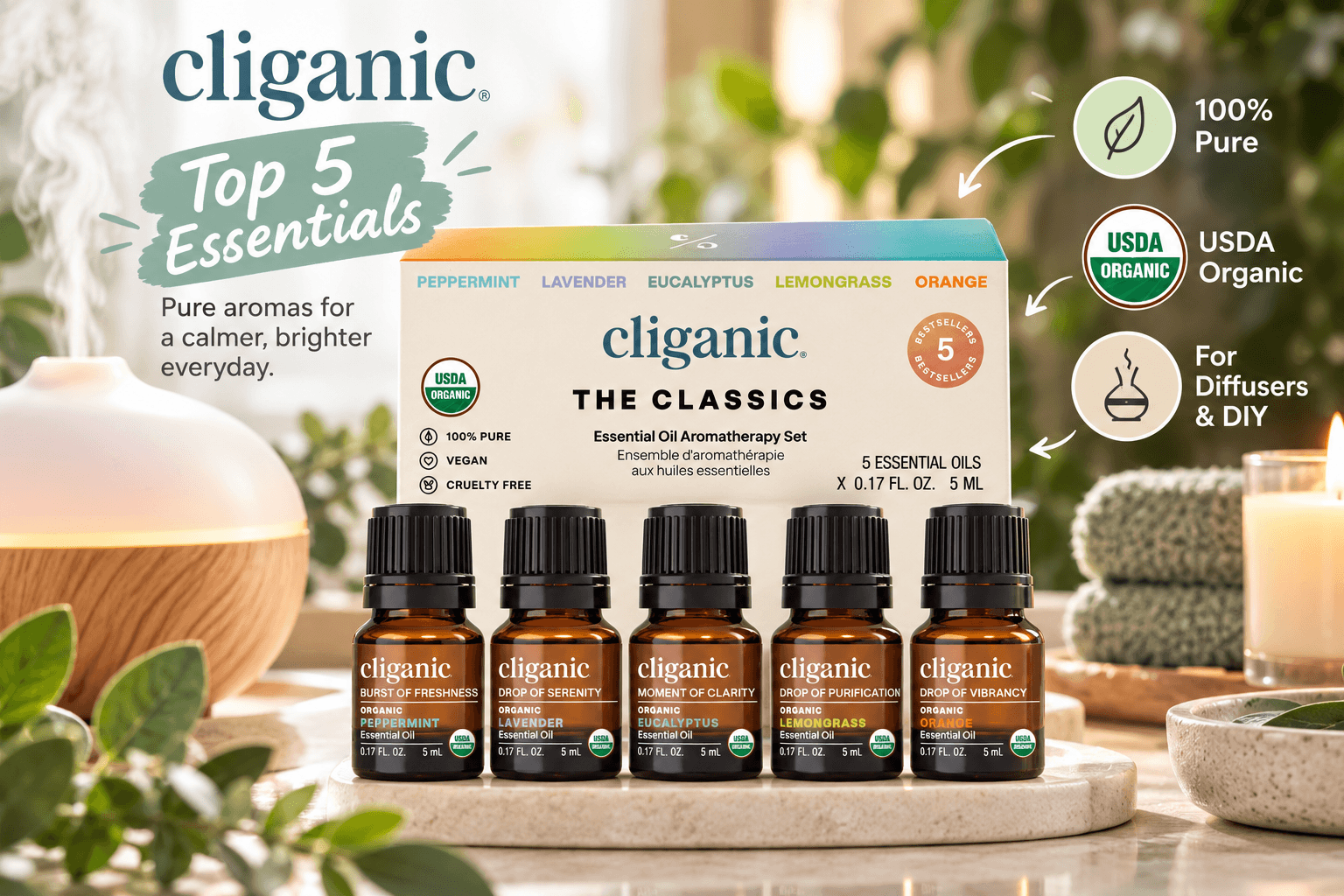 Cliganic The Classics organic essential oil set featuring five amber bottles of peppermint, lavender, eucalyptus, lemongrass, and orange oils. Displayed beside a misting diffuser in a cozy home spa setting with illustrated feature callouts.