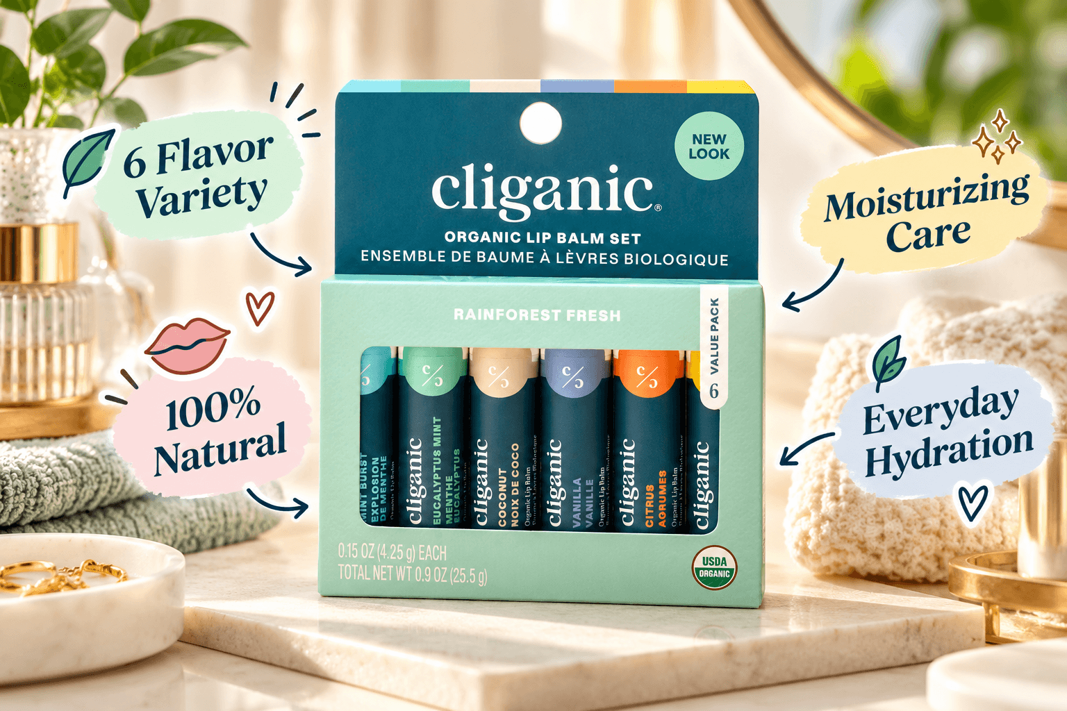 Cliganic Organic Lip Balm Set featuring six assorted flavors in a mint-green Rainforest Fresh gift package. Displayed on a sunlit bathroom vanity with soft towels, botanical decor, and colorful annotations highlighting natural lip care and hydration.