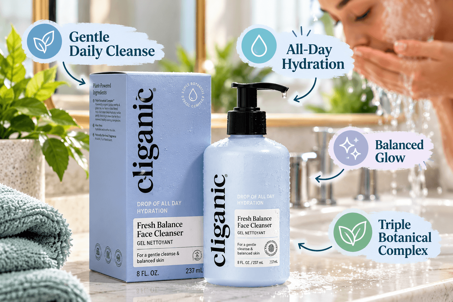 Cliganic Fresh Balance Face Cleanser in a light blue 8 fl oz pump bottle with matching packaging. Featured on a fresh bathroom countertop as a woman washes her face, with illustrated callouts for gentle cleansing, hydration, and botanical ingredients.