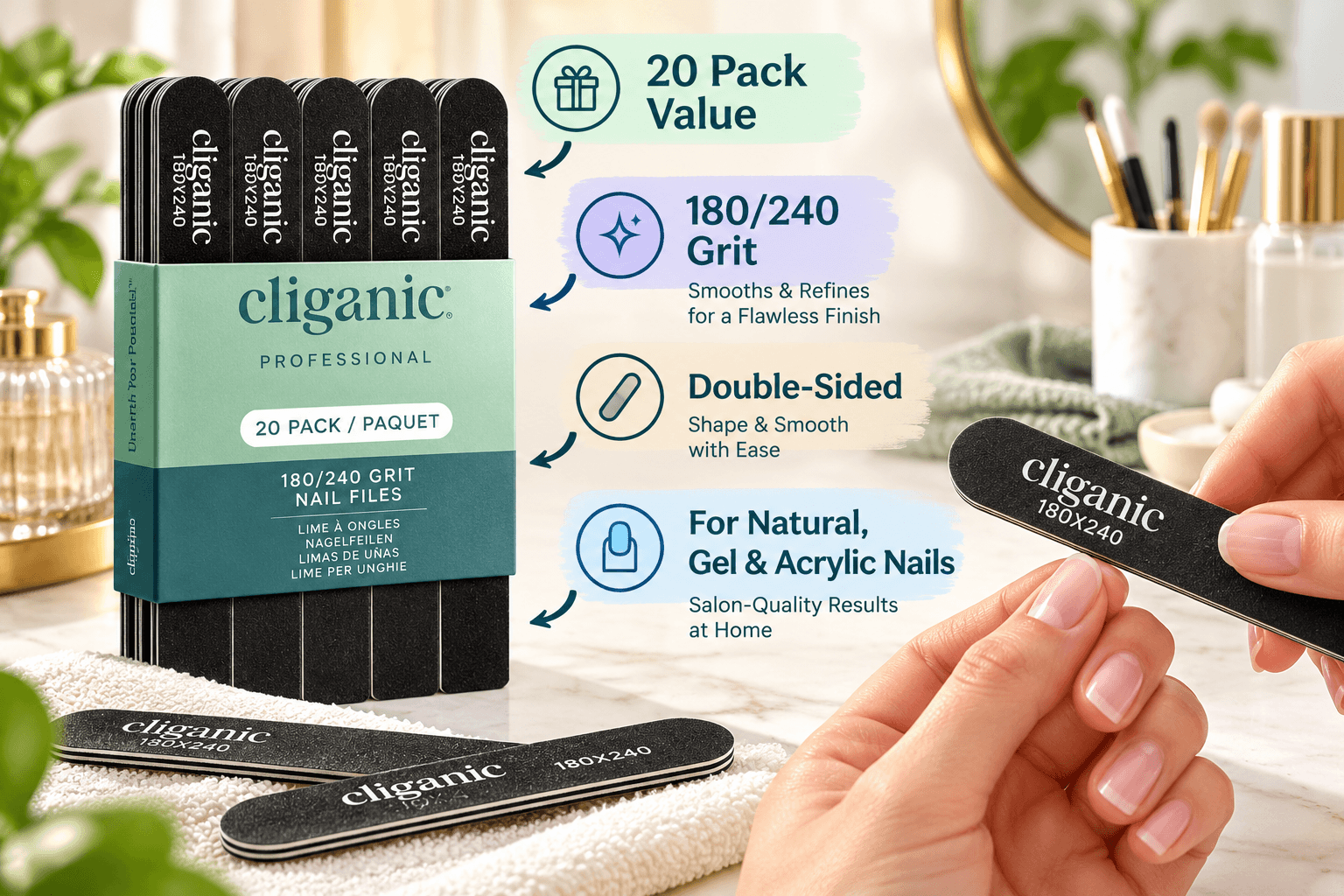 Cliganic Professional Nail Files 20-pack featuring black double-sided 180/240 grit emery boards in mint-green packaging. A woman files her nails at a bright home manicure station, with illustrated callouts highlighting nail shaping and smoothing.