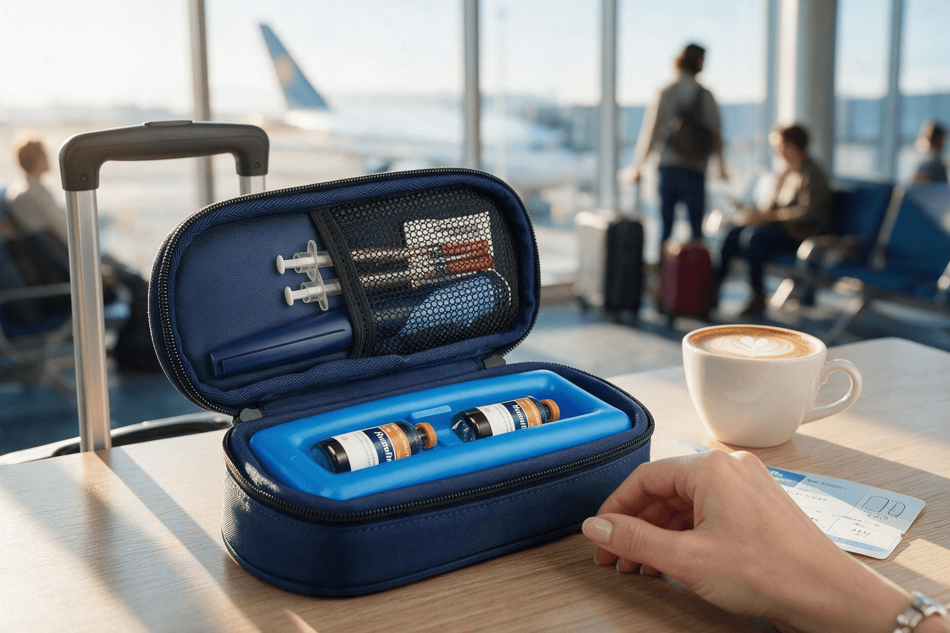 Navy blue Cruxer insulin cooling travel case open on a light wood table in a bright airport boarding lounge, revealing a blue molded ice-pack insert holding two insulin vials and a mesh pocket with insulin pens; soft morning sunlight streams through floor-to-ceiling windows.