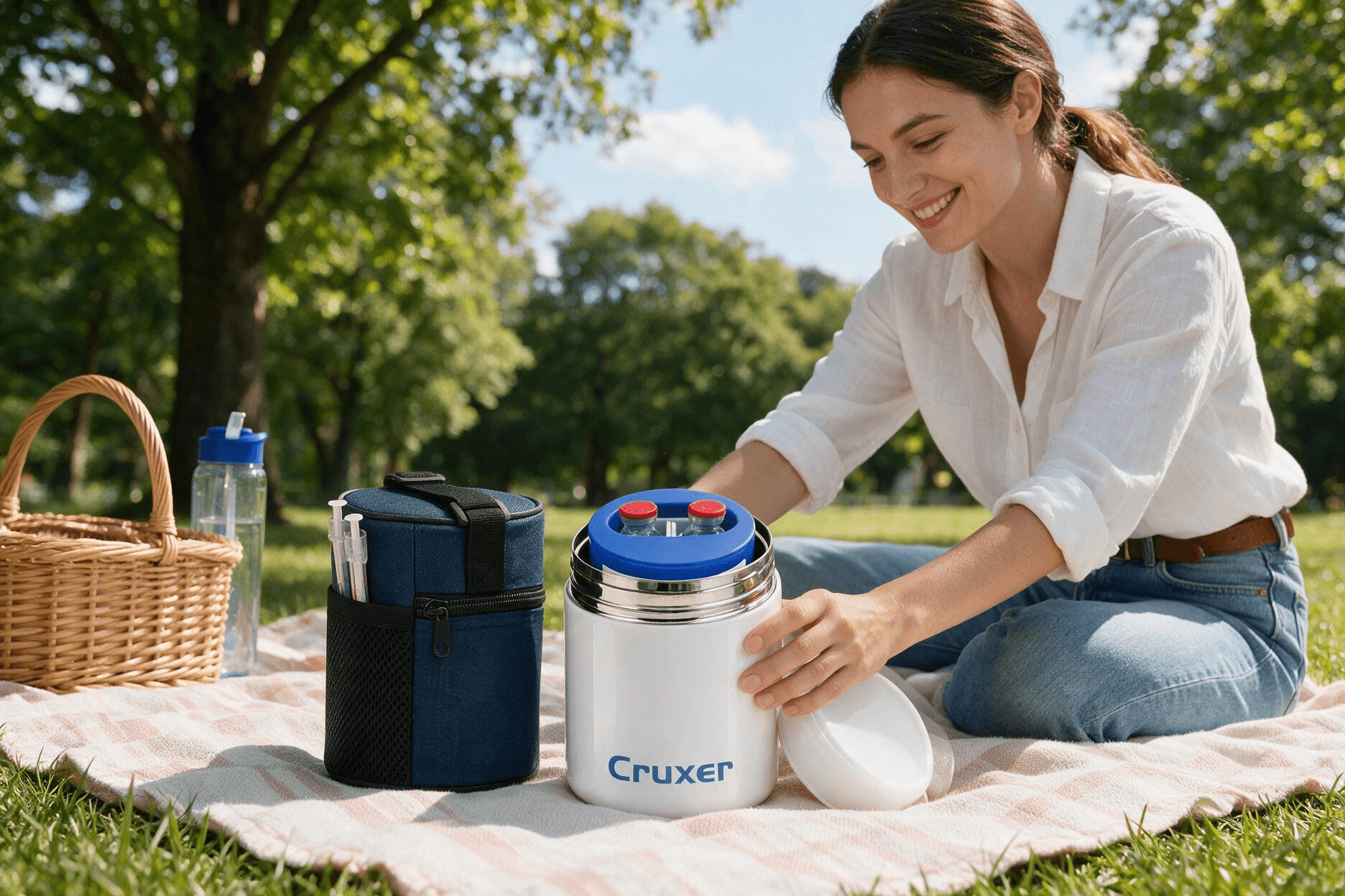 Cruxer cylindrical medical cooler set — a navy canvas zip pouch with side mesh pocket holding insulin pens, alongside a glossy white stainless steel insulated canister with blue Cruxer logo and molded insert holding red-capped vials — placed on a picnic blanket in a sunny green park.
