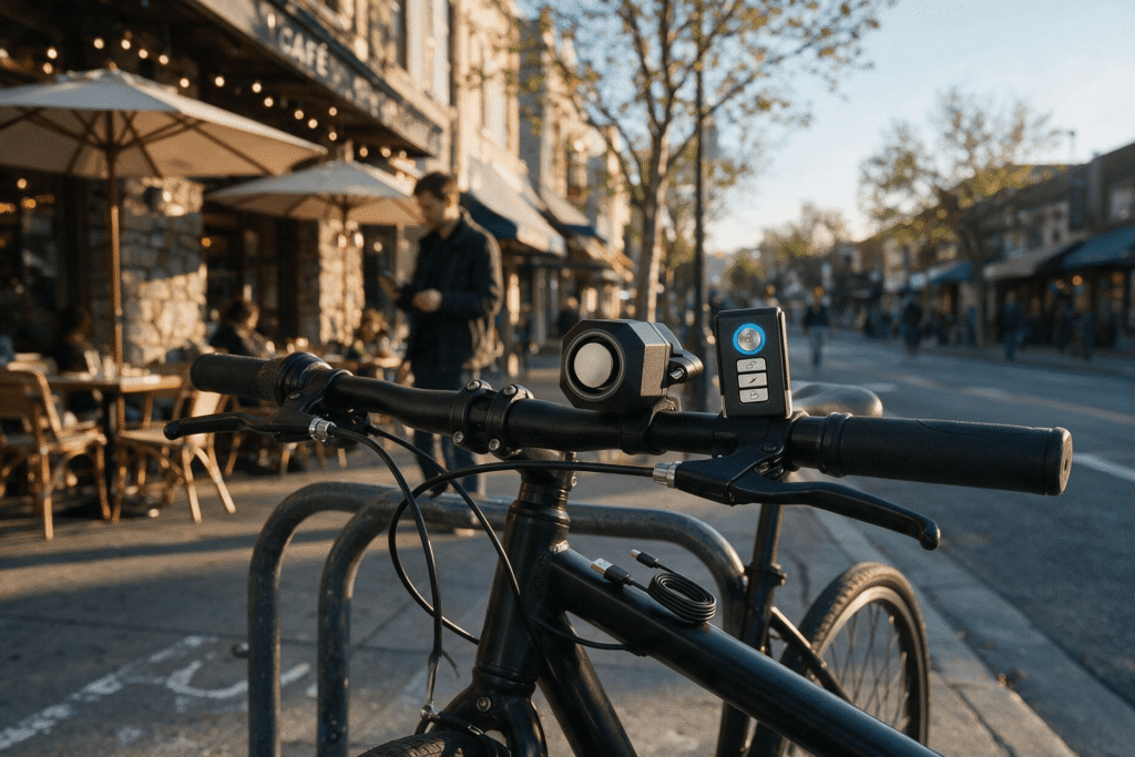 Black octagonal Cruxer anti-theft bike alarm securely mounted on a bicycle handlebar stem, paired with a compact remote key fob featuring a glowing blue lock button and a coiled USB charging cable; city bike parked on a sidewalk rack near a café during warm golden-hour afternoon light.