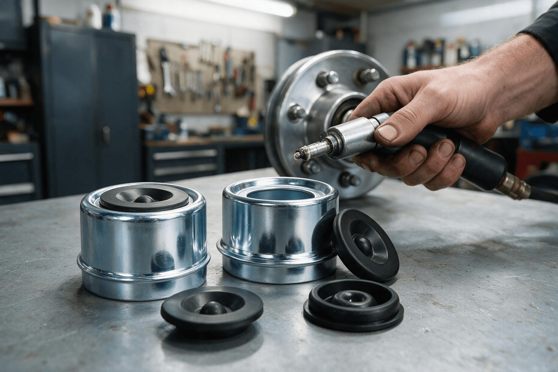 Chrome-plated Cruxer trailer wheel bearing seal kit — two polished silver dust caps with black rubber grease plugs and spare rubber seals — laid out on a clean gray workshop workbench beside a silver trailer hub; a mechanic's hand with a grease gun visible nearby.