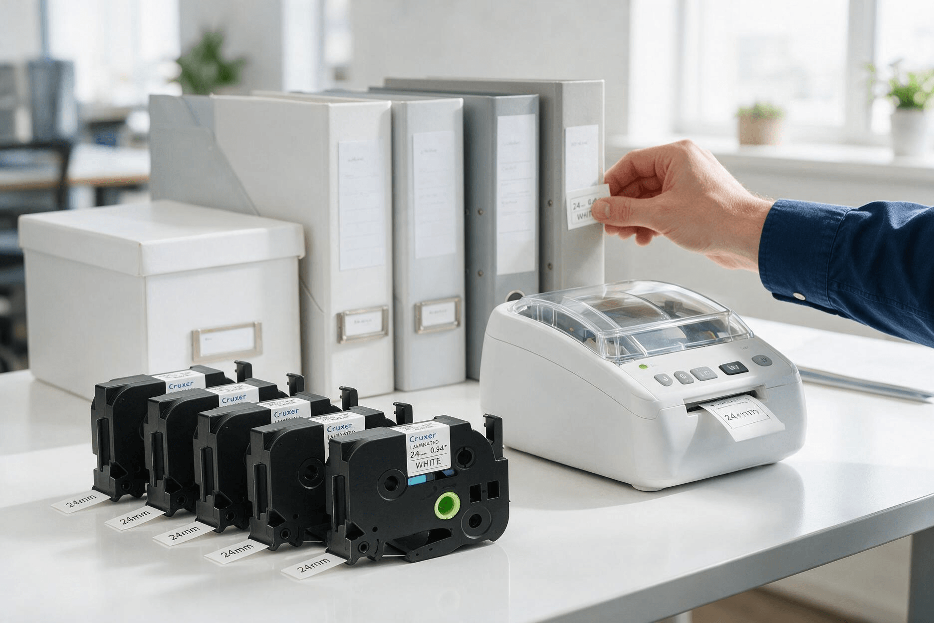 tack of Cruxer 24mm white laminated label tape cassettes with green release buttons, arranged on a clean white office desk next to a compact label printer; an office worker's hand places a printed label onto a folder spine, with organized storage boxes in the background.