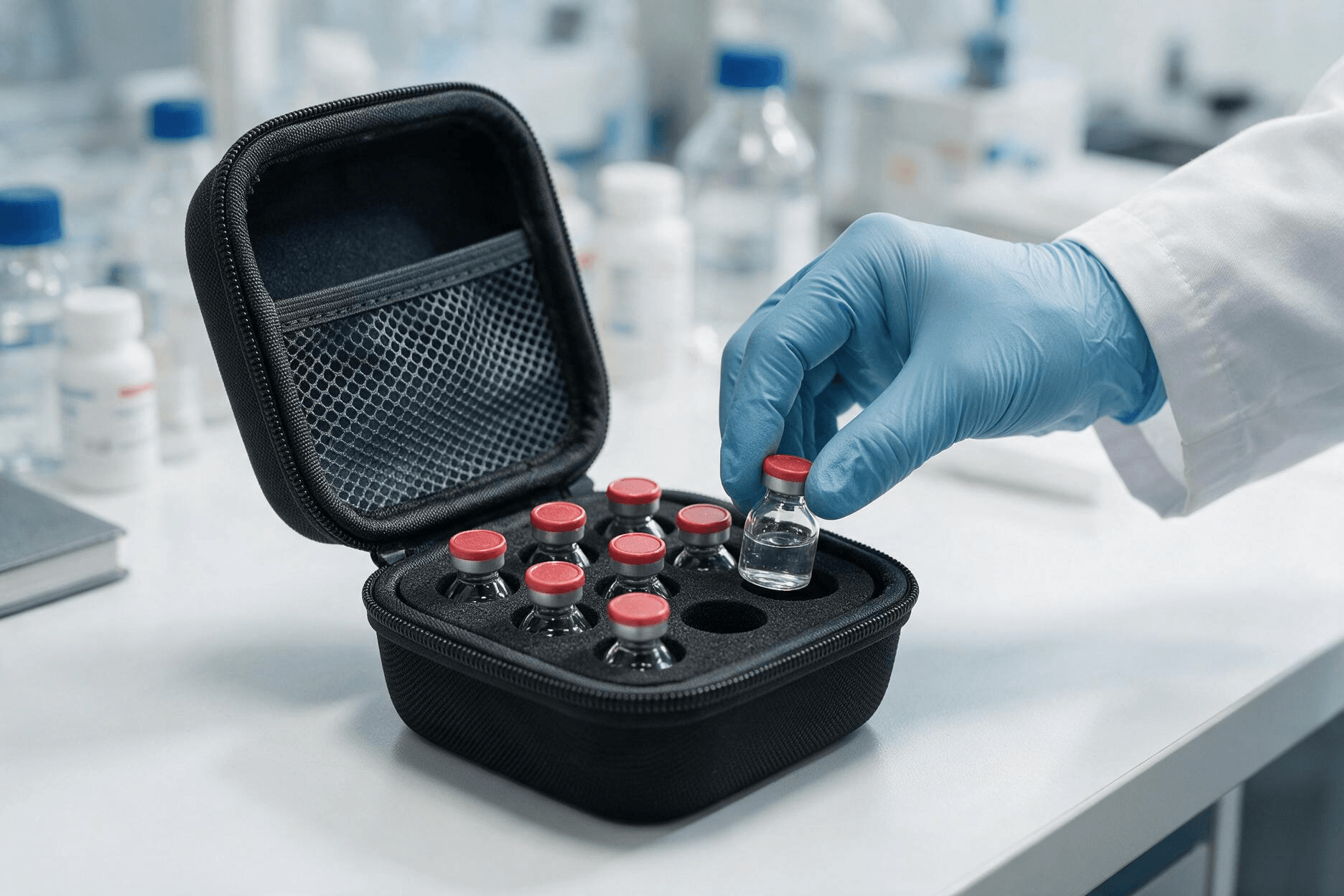 Black hard-shell EVA Cruxer vial carrying case open on a clean white laboratory counter, its custom-cut foam insert holding ten red-capped glass vials with a mesh pocket on the lid; a healthcare professional's hand gently places one vial into its slot under bright cool-white lighting.