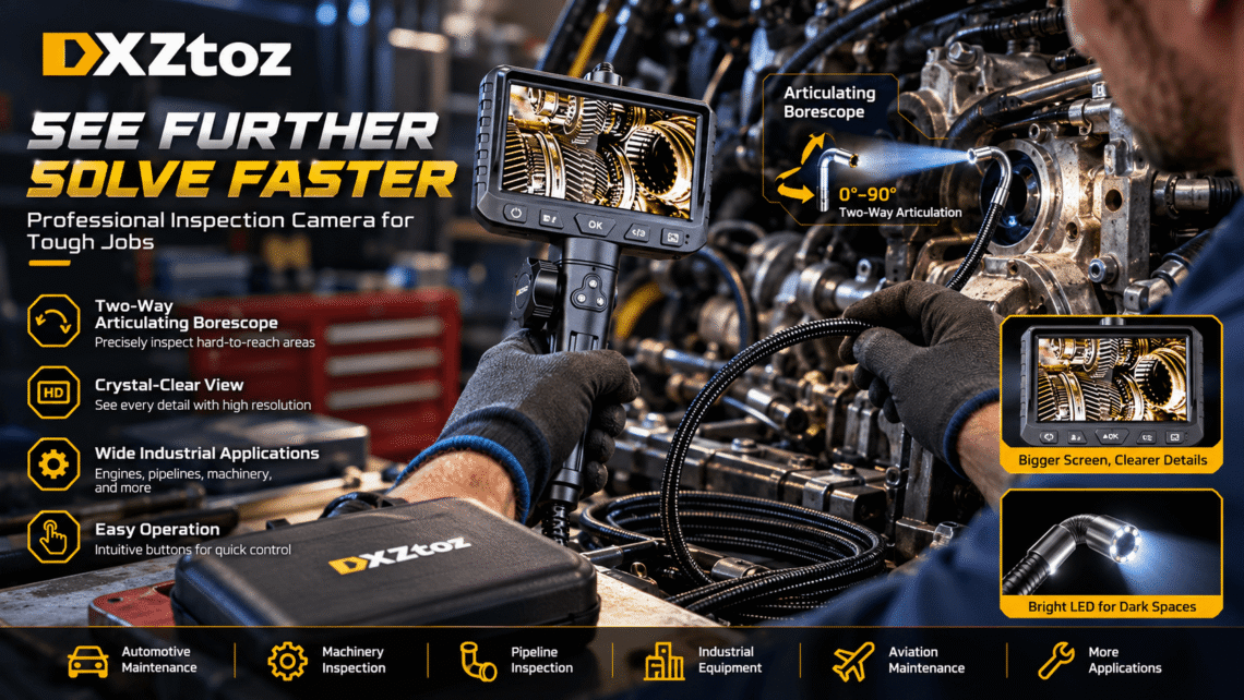 DXZtoz industrial borescope promotional banner showing a technician inspecting machinery with a handheld inspection camera, illuminated probe, digital display, and feature highlights in a professional workshop.